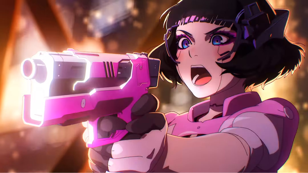 Anime girl with short black hair wielding a glowing magenta neon gun against a warm bokeh background with futuristic tech aes