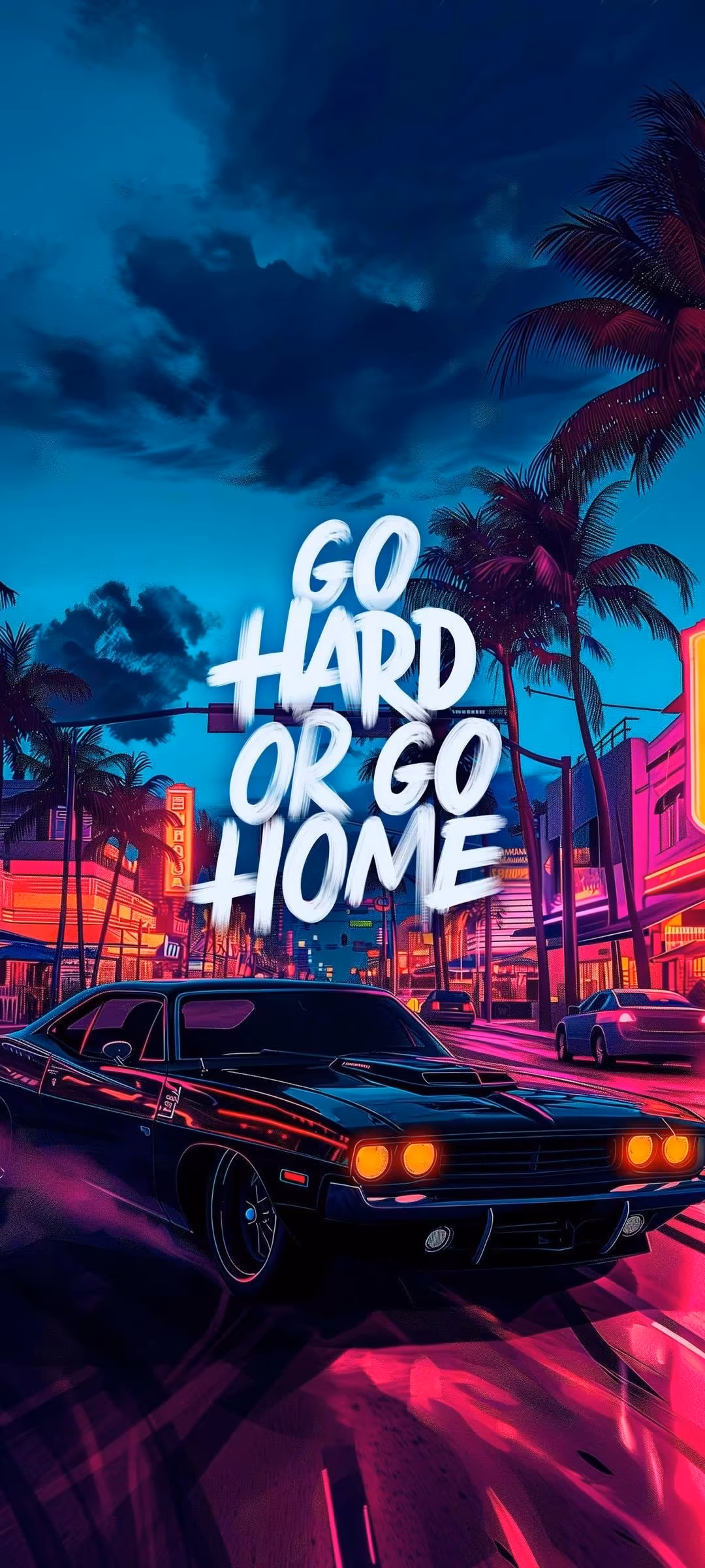 Neon City Car Motivation Quote — synthwave phone wallpaper in Full HD