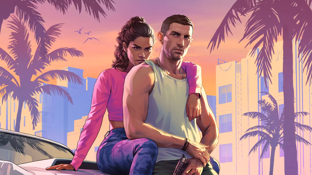 Two characters posing on a car with palm trees and neon-lit cityscape during vibrant purple and orange sunset