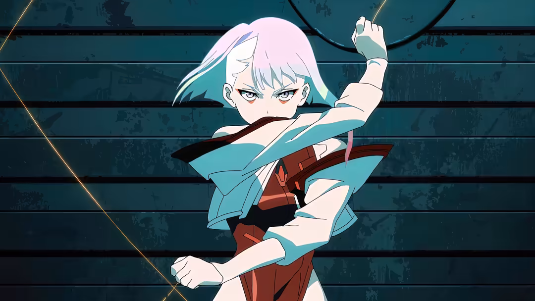 Anime-style cyberpunk warrior with pink hair, teal jacket, and red armor in dynamic combat pose against distressed teal backg