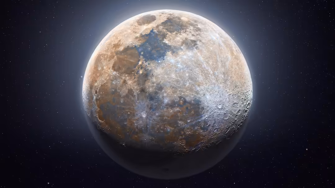 Detailed lunar surface with craters and mountains illuminated against starry black space backdrop