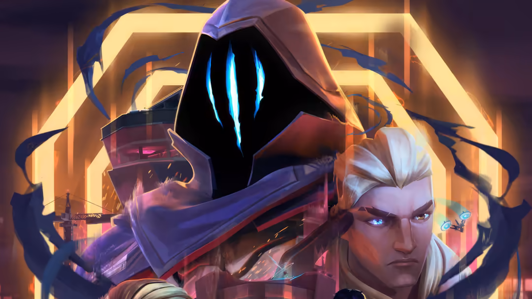Valorant characters Omen and Sova in dynamic confrontation with glowing neon lights and cyberpunk aesthetic background