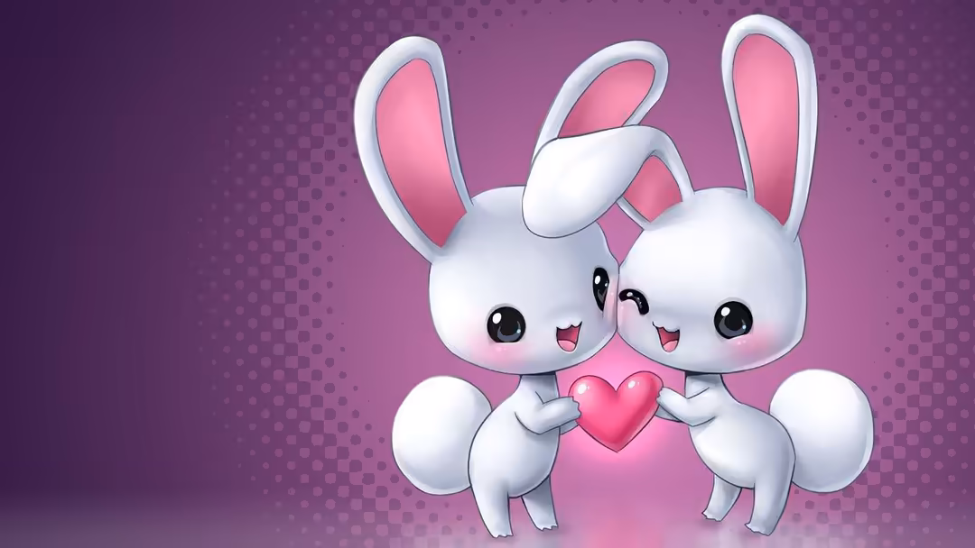 Two cute white bunnies with pink inner ears holding a red heart together on a gradient purple background with dotted texture