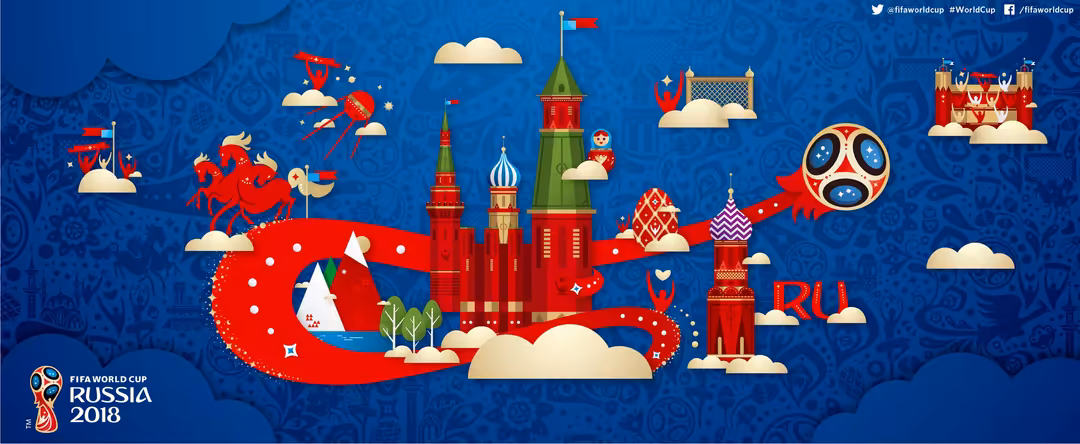 Illustrated map of Russia with iconic landmarks, soccer motifs, red and blue colors featuring FIFA World Cup branding and arc