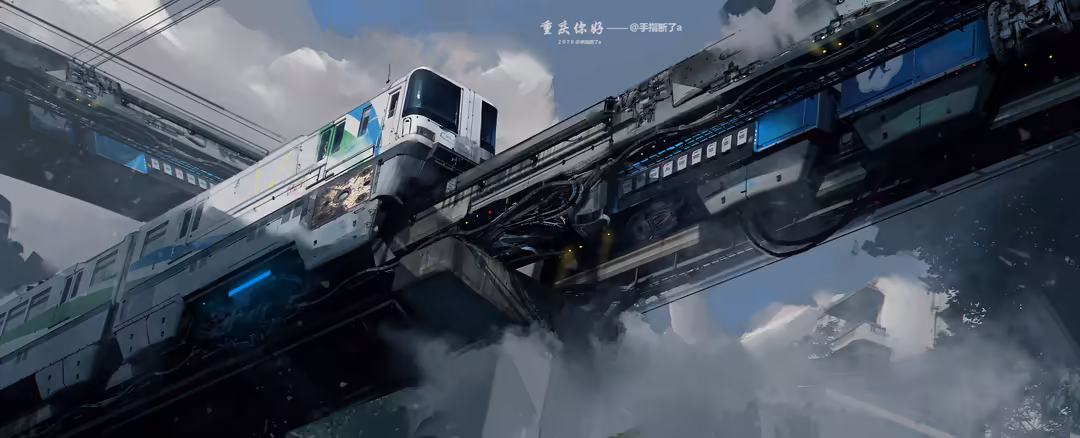 Futuristic monorail train suspended on elevated tracks above misty cityscape with blue-green neon accents and cyberpunk indus