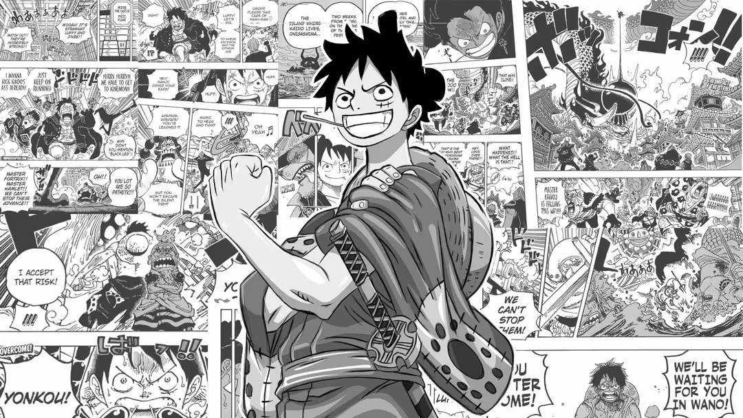 Anime character Monkey D. Luffy with spiky black hair and enthusiastic expression, surrounded by manga panels featuring actio