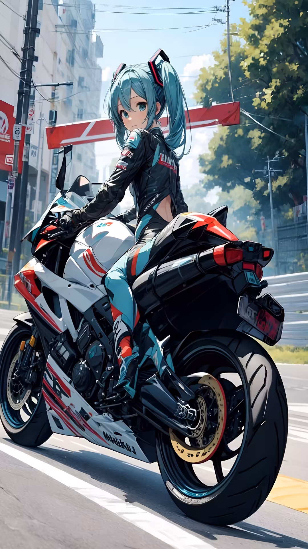 Anime character with turquoise hair riding a red and white sport motorcycle on an urban city street with buildings and power
