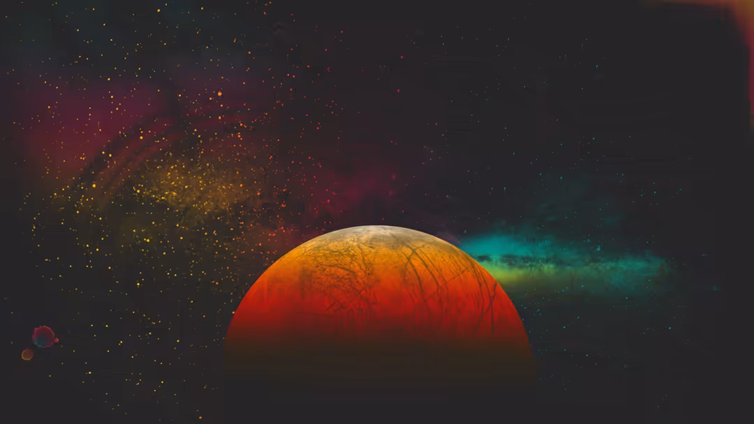 A glowing red planet surrounded by golden particles and cosmic nebulae against a starry dark space background with teal and o