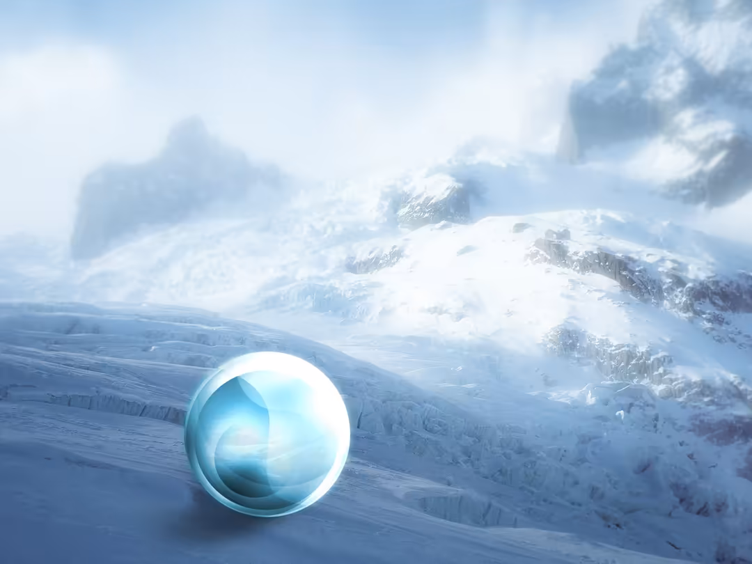 Luminous ice sphere with cool blue glow resting on snowy mountain peaks surrounded by misty cloud-covered peaks in a serene w