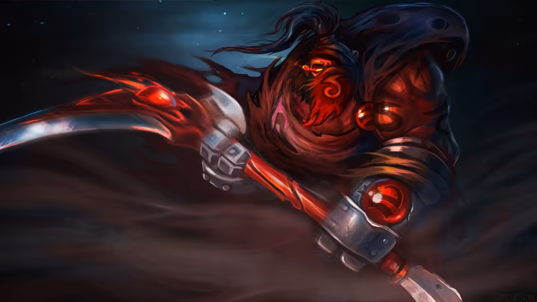 Crimson demon warrior with glowing red eyes and ornate armor wielding a glowing blade against a dark blue night sky with scat