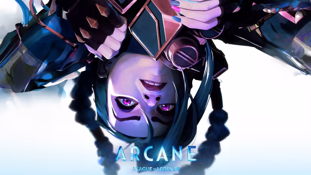 Jinx from Arcane with glowing purple eyes and mechanical arms, featuring League of Legends branding and cyberpunk aesthetic