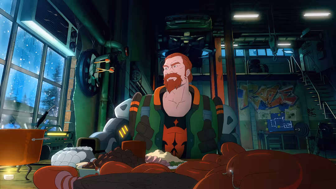 Animated character Breach from Valorant in green tactical gear and orange accents inside a futuristic lab environment with gl