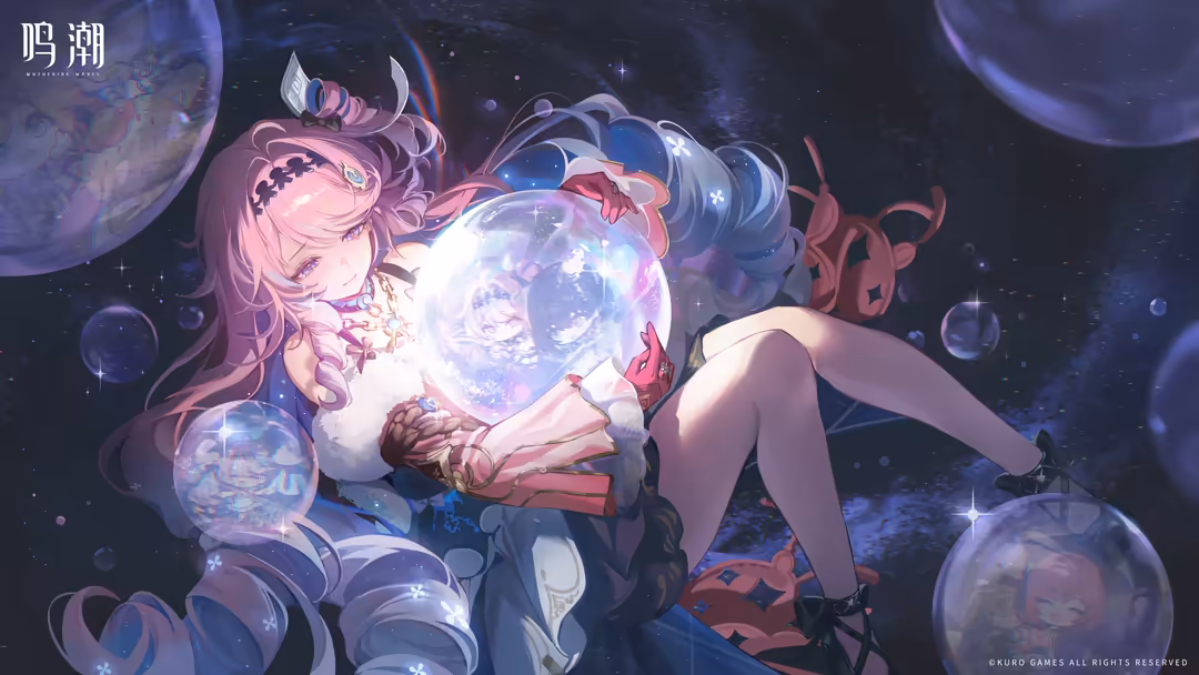 Anime character Denia with pink hair holds a glowing cosmic orb surrounded by floating planets and ethereal light in a starry