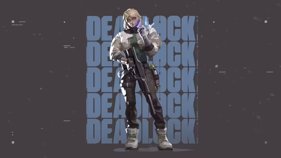 Deadlock character from Valorant holding assault rifle, wearing tactical gear with blonde hair against dark background with r