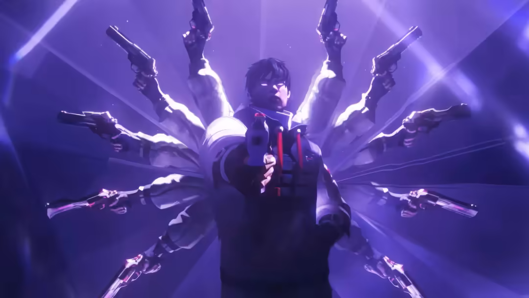 futuristic figure in dark armor wielding multiple glowing weapons surrounded by bright white and purple energy rays against…
