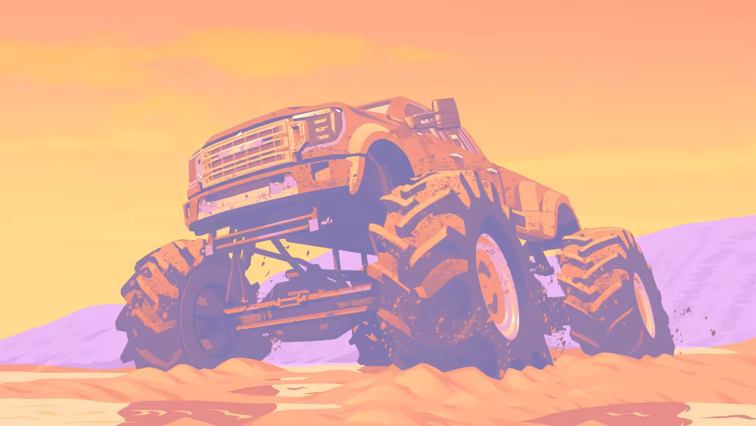 Neon-colored monster truck with massive tires in a desert landscape under a vibrant sunset sky with purple and orange gradien
