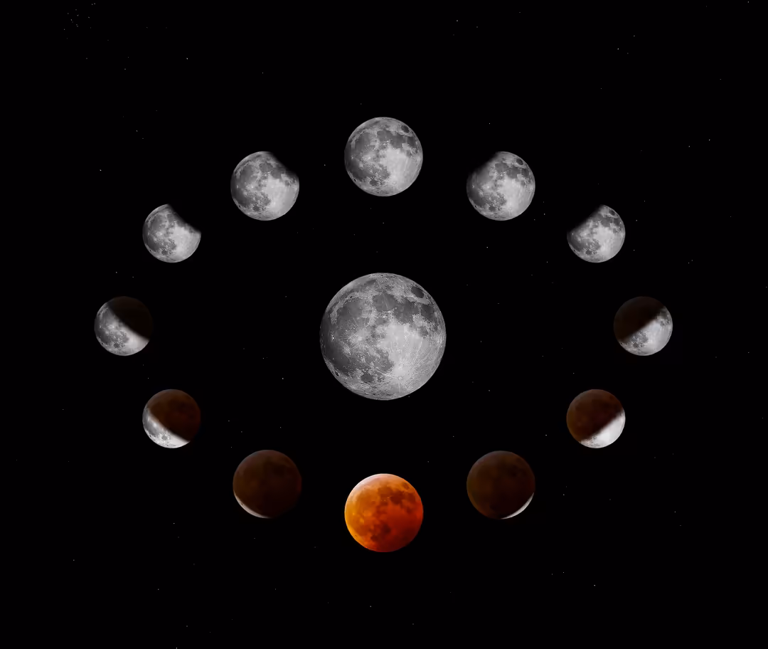 Circular arrangement of moon phases showing lunar eclipse cycle from full moon to blood moon and back to full illumination ag
