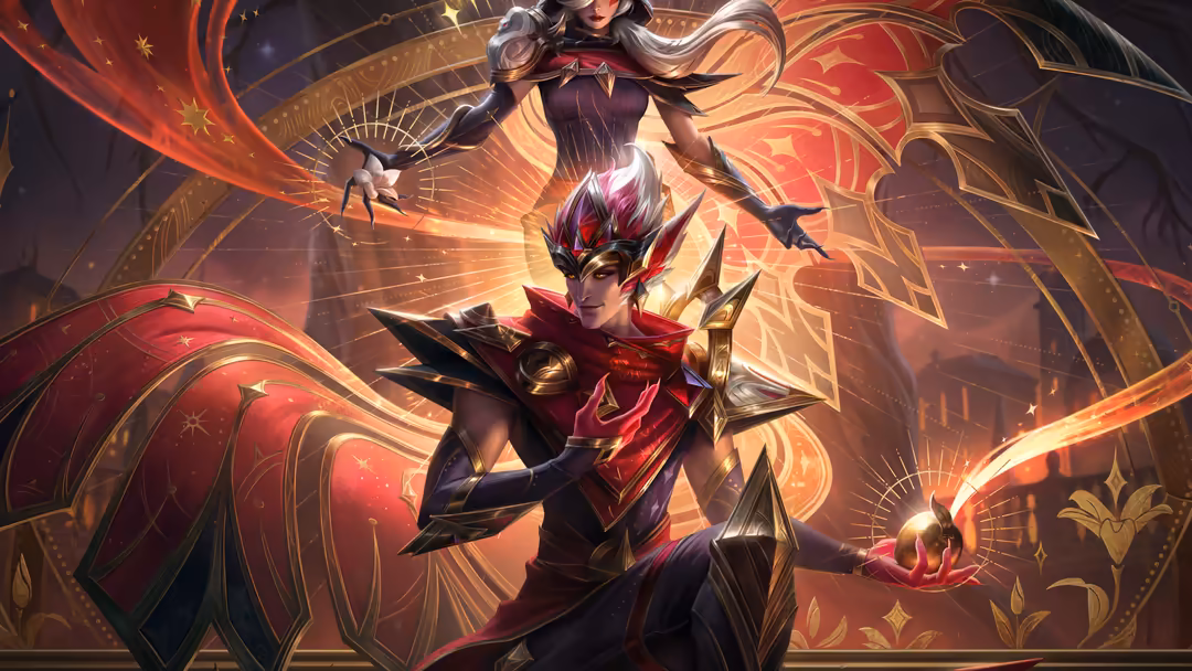 Mystical characters Xayah and Rakan in ornate red and gold armor with flowing magical energy and decorative patterns