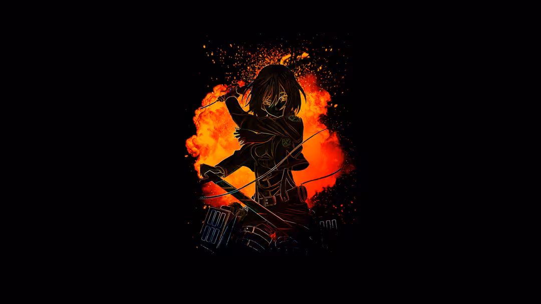 Mikasa Ackerman in dramatic action pose surrounded by explosive orange and red fire effects against a dark background, anime