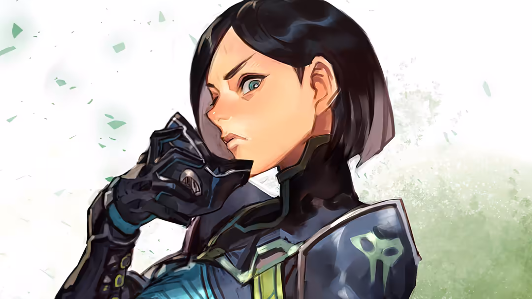 Tactical character with black bob haircut in cyberpunk armor suit, holding a device with glowing green accents against white