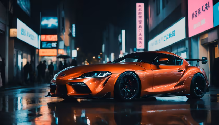 Orange Sports Car Neon Tokyo Street