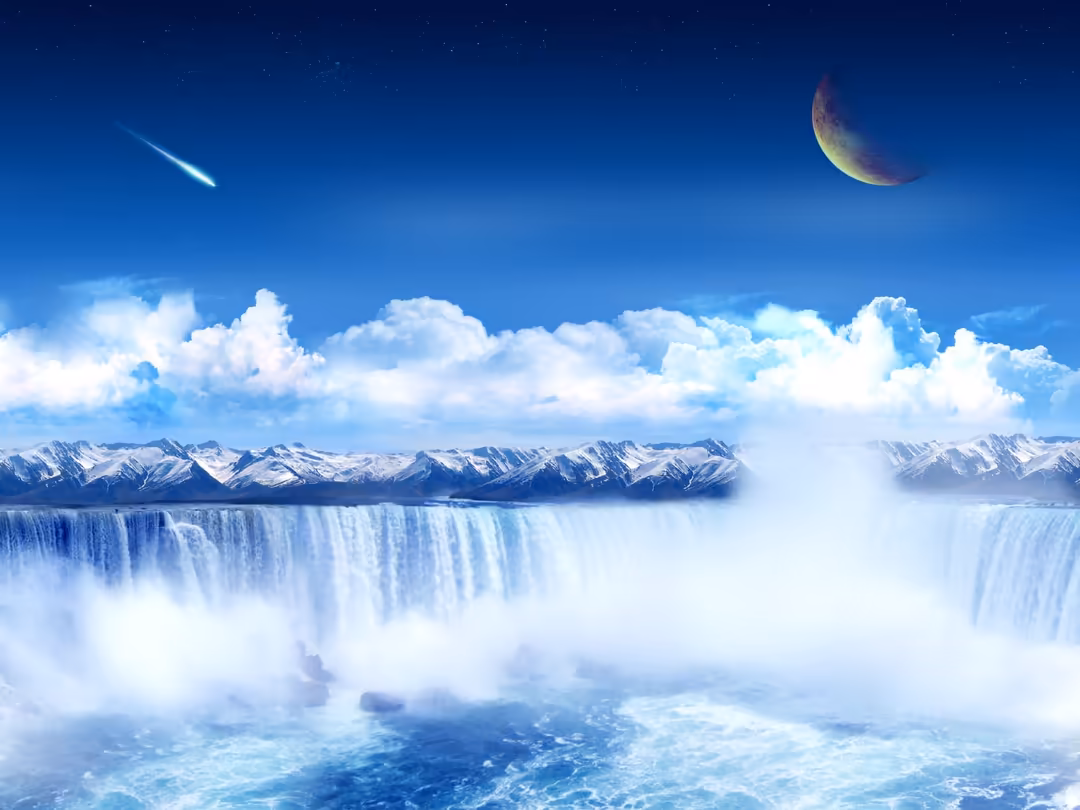 Majestic frozen waterfall cascading from snowy mountain peaks with white clouds and crescent moon in bright blue sky