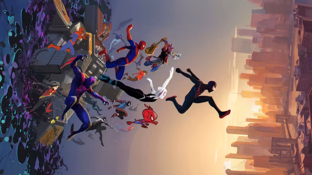 Multiple Spider-Man variants in dynamic action poses across a colorful cityscape with purple neon and golden sunset lighting.