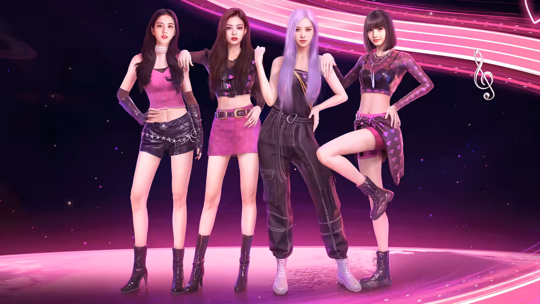 Four stylized female characters posing on a neon-lit stage with glowing pink and purple lights, wearing modern outfits with e