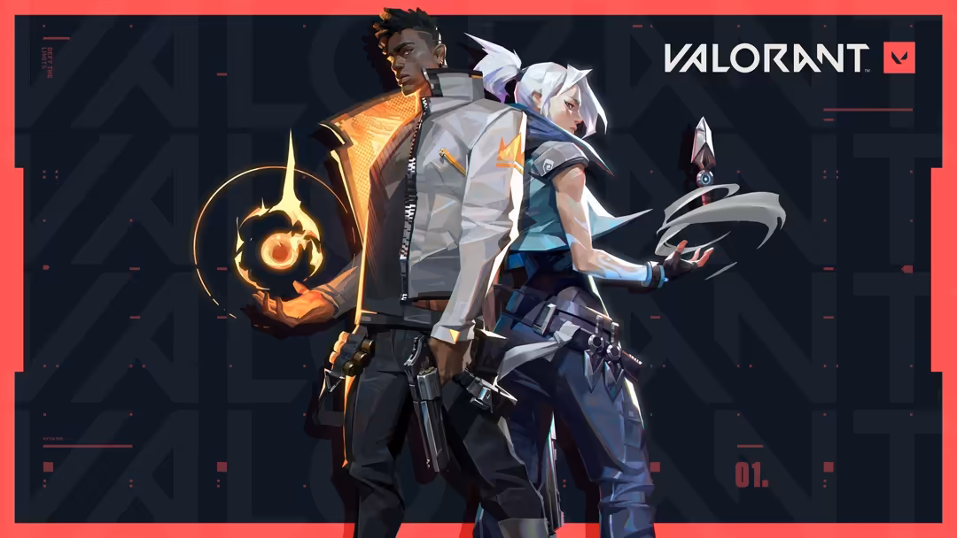 Two Valorant agents in tactical combat gear with glowing neon weapons against a dark tech-noir background with red and gold a