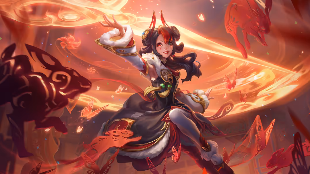 Animated fantasy character with horns wielding magical fire energy surrounded by glowing red and gold ethereal effects
