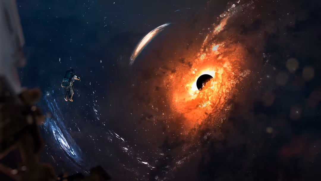 Astronaut floating in space near a massive black hole with glowing orange accretion disk and swirling cosmic debris against s