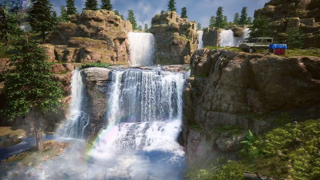Majestic multi-tiered waterfall flowing down rocky cliffs surrounded by lush green trees with a vintage truck parked on the r