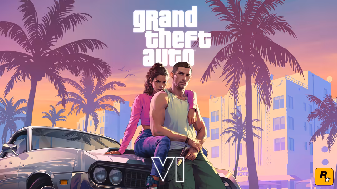 GTA VI promotional art featuring two characters posing on a classic car with palm trees, colorful buildings, and a vibrant su