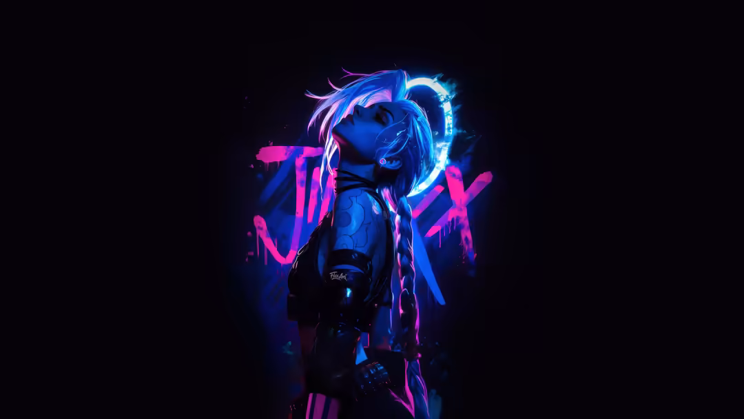 Glowing neon character with blue and magenta lighting against dark background, featuring anime-style figure with illuminated
