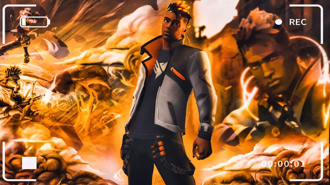 Phoenix Valorant agent in dark tactical suit surrounded by intense orange and gold fire effects with dynamic gameplay element