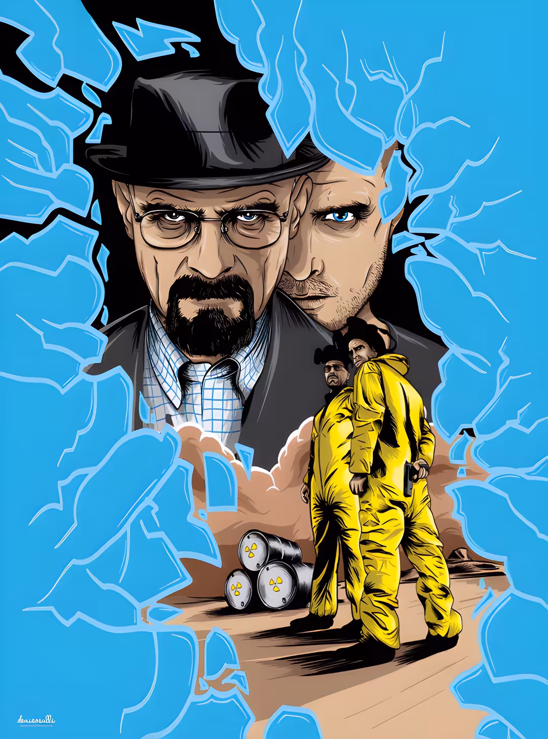 Dramatic illustration of two men's faces with lightning effects, yellow hazmat suit figure, and chemical barrels on blue back