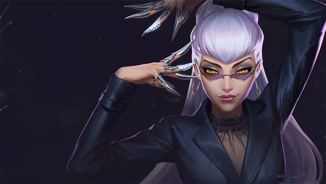 Cyberpunk character portrait of Evelynn with silver hair, golden eyes, dark tactical outfit, and glowing neon accents against