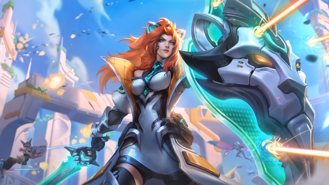 Futuristic warrior woman with flowing orange hair in white and teal armor, wielding glowing green energy weapon in vibrant sc