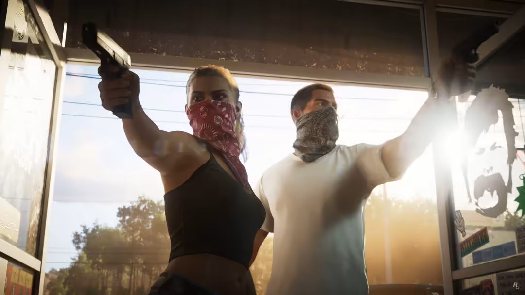 Two characters wearing bandanas posing dramatically against bright sunlit windows in an urban setting with intense backlighti