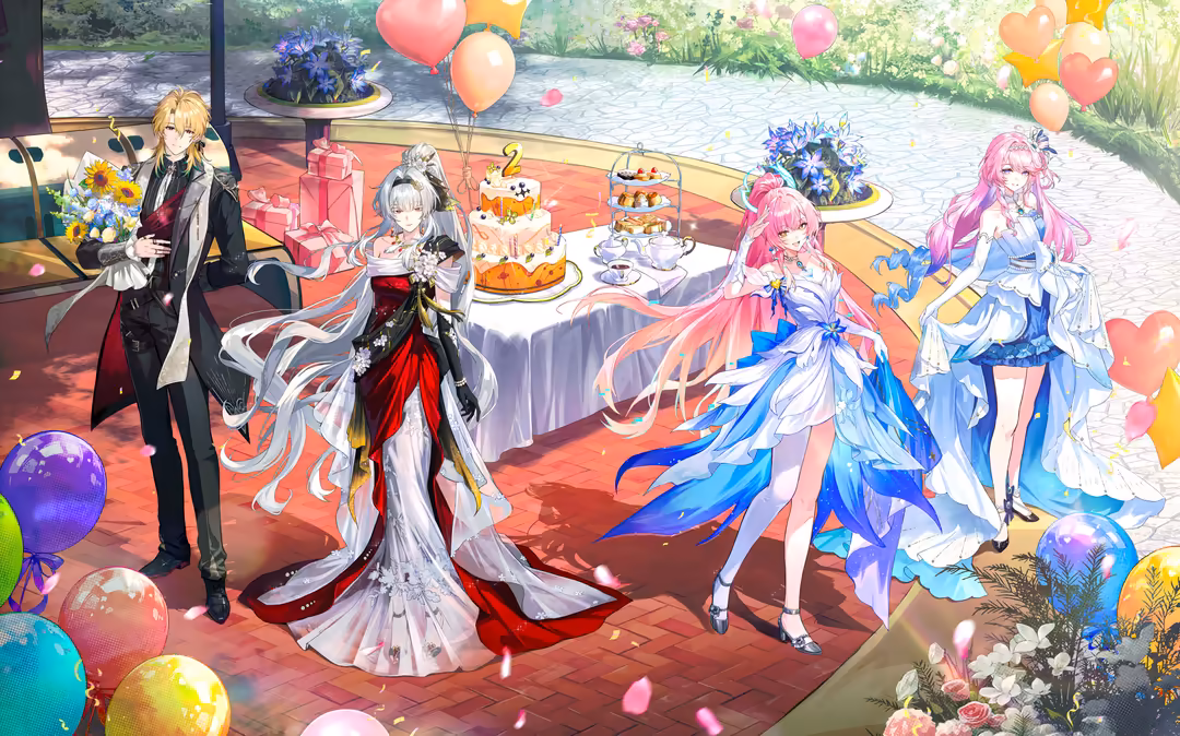 Anime characters in elegant outfits at a colorful outdoor celebration with balloons, flowers, and festive decorations by a ri