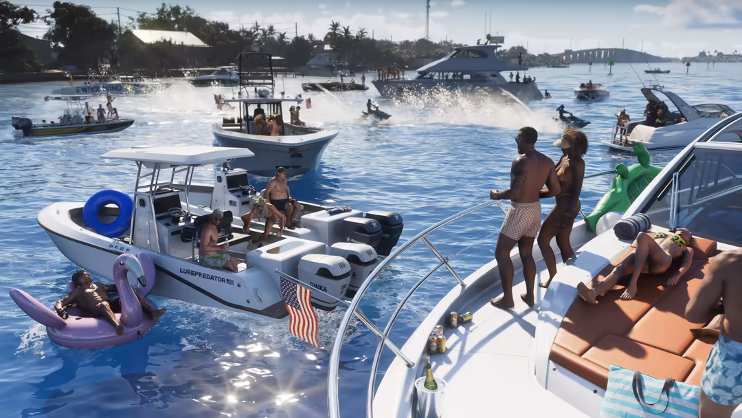 Vibrant tropical boat party scene with multiple yachts, swimming people, inflatable floats, and coastal buildings under sunny