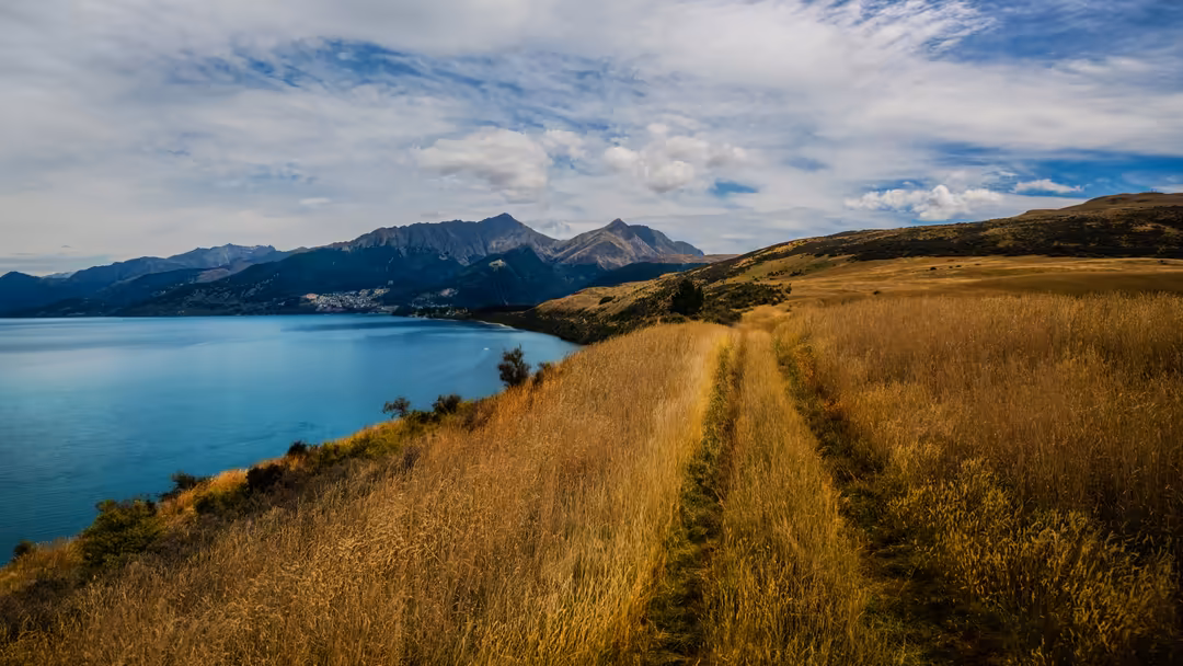 Golden grassland trail overlooking turquoise alpine lake with mountain peaks and cloudy sky in scenic landscape
