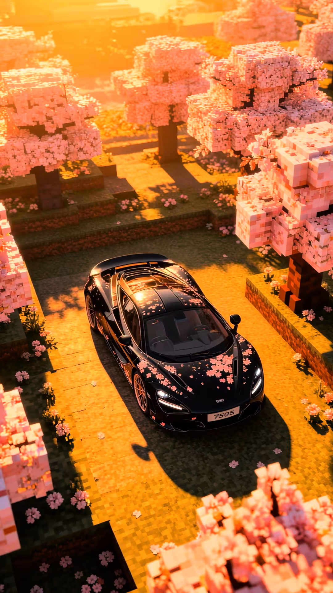 Black sports car parked on golden path surrounded by pink pixelated cherry blossom trees and buildings in dreamlike scene