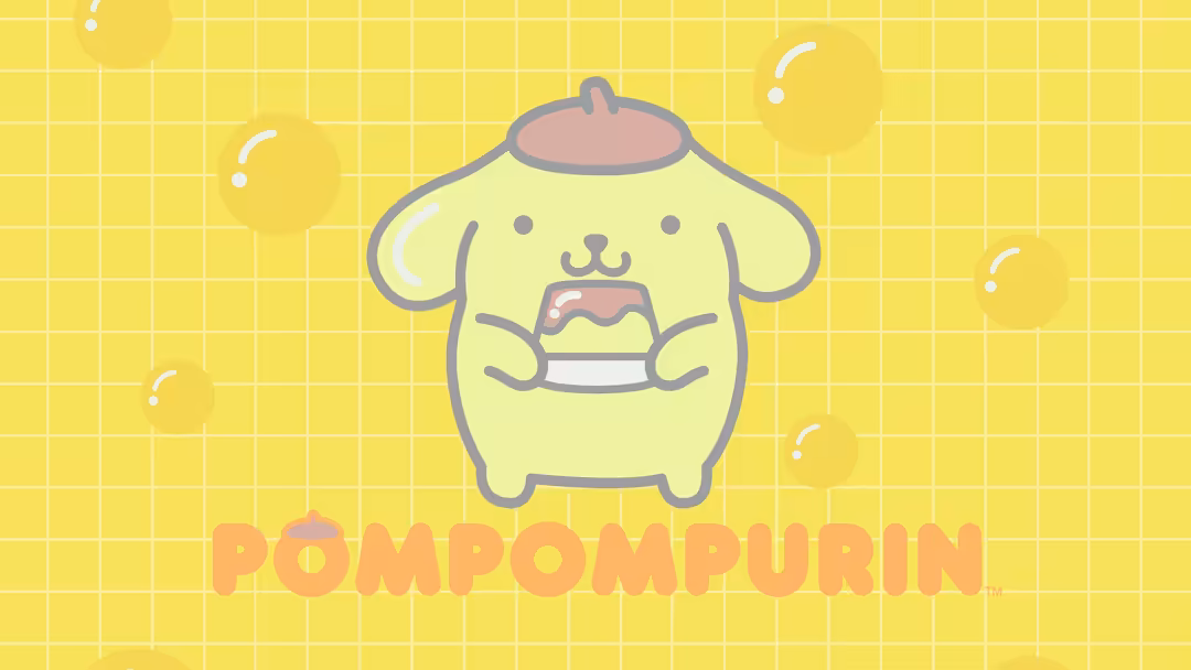 pale yellow character with floppy ears and pink hat holds a sandwich on a bright yellow grid background with floating…