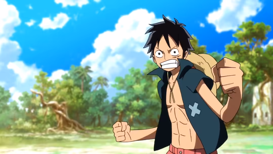 Anime character Monkey D. Luffy with spiky black hair, wearing black vest and red shorts, giving thumbs up with bright smile