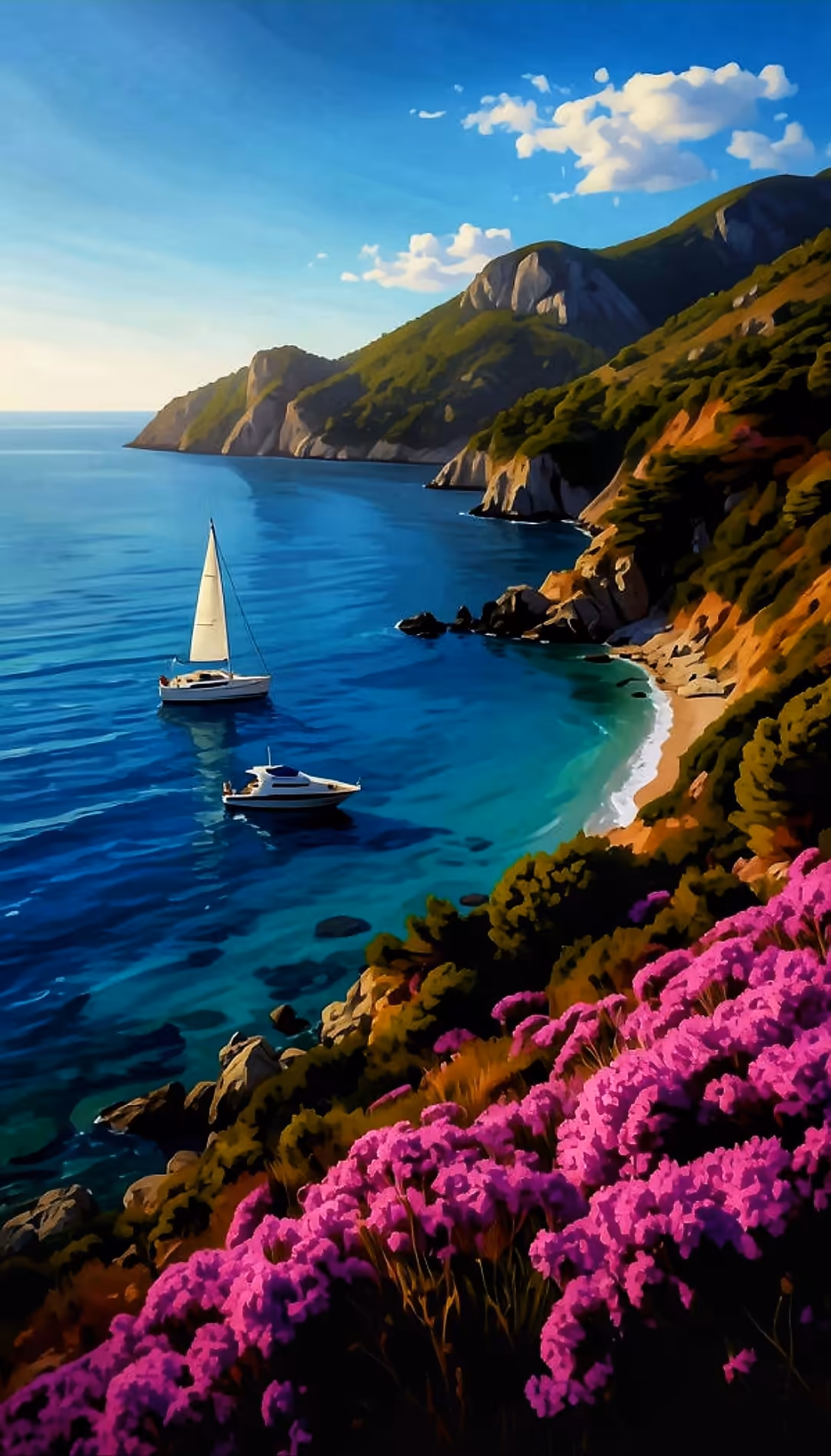 Sailboats float in turquoise waters near dramatic coastal cliffs covered in pink flowers, with lush green vegetation and rock