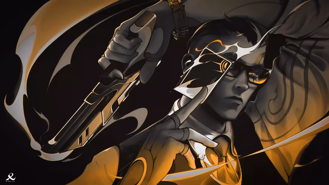 Valorant tactical agent with gold and black armor holding a futuristic weapon with dramatic lighting against dark background