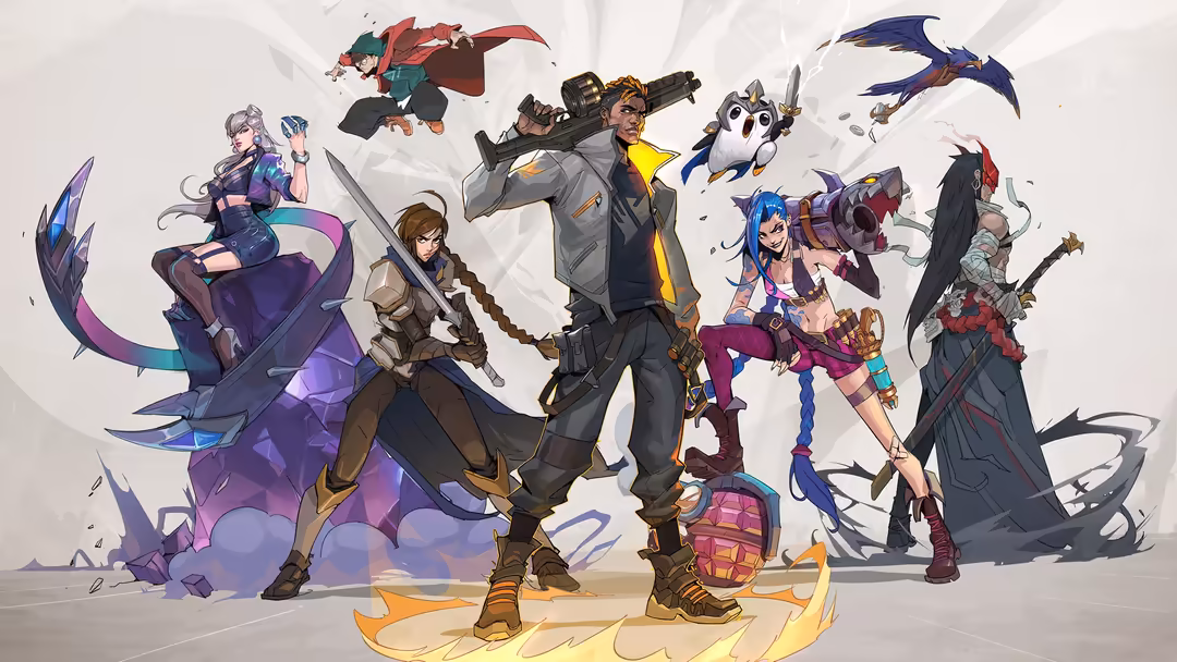 Diverse team of animated game characters in action poses with magical abilities and weapons against light background