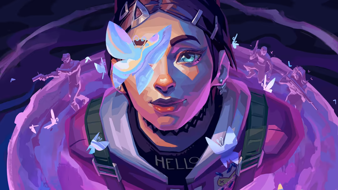 Colorful digital portrait of Clove, a Valorant game character, with vibrant purple and blue tones, geometric face paint, and