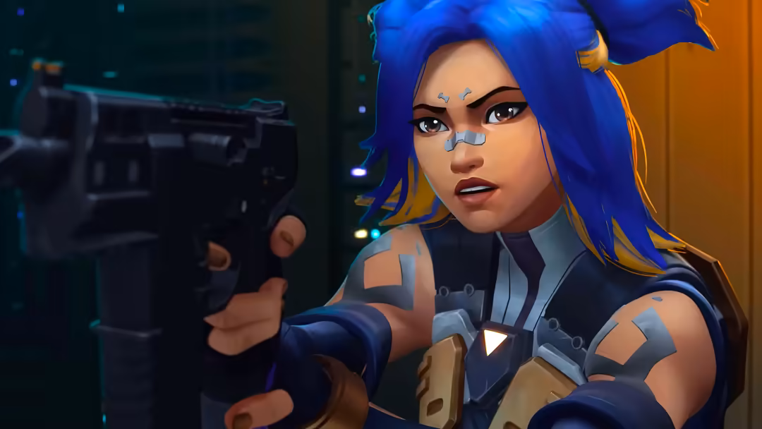 Animated female character with vibrant blue hair and tactical gear holding a futuristic weapon in neon-lit cyberpunk environm